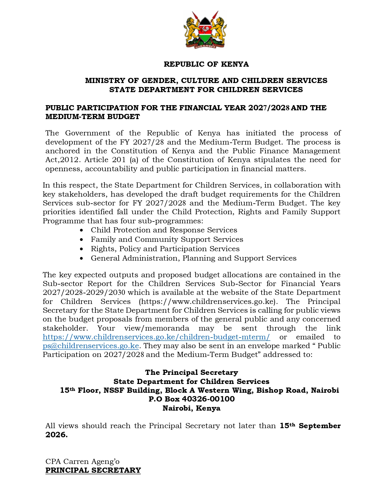 Public Notice for FY 2027 - 2028 and Medium Term Budget