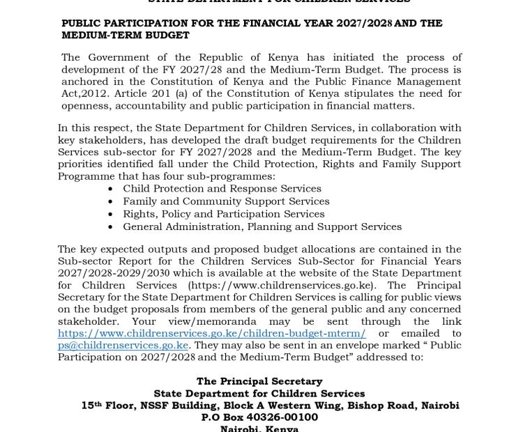 Public Notice for FY 2027 - 2028 and Medium Term Budget